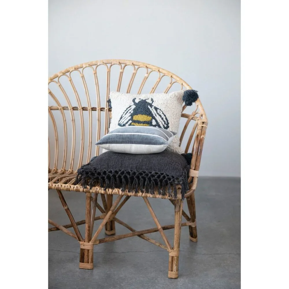 Creative Co-Op Grey/White Velvet Lumbar Pillow with Appliqué Stripes/NIP